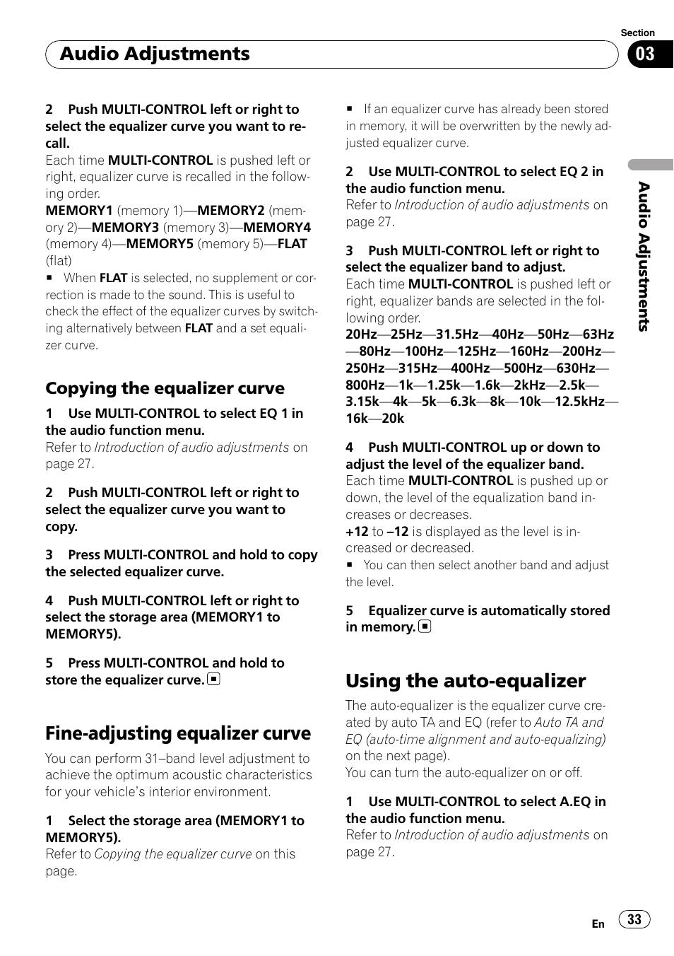 Copying the equalizer curve 33, Fine-adjusting equalizer curve, Using the auto-equalizer | Audio adjustments, Copying the equalizer curve | Pioneer DEX-P99RS User Manual | Page 33 / 75