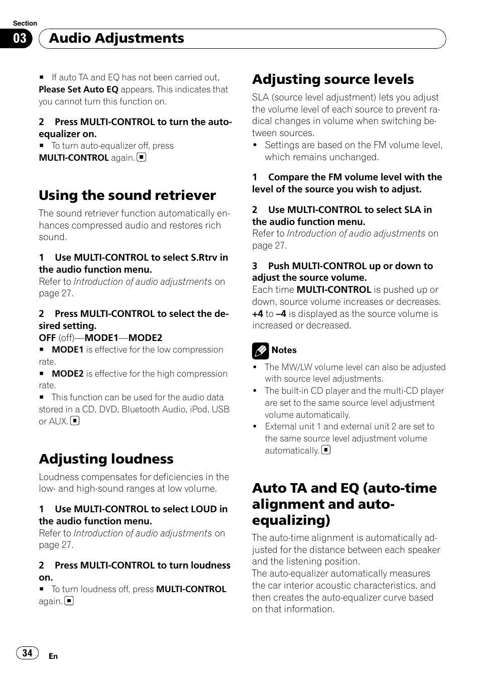 Using the sound retriever, Adjusting loudness, Adjusting source levels | Auto ta and eq (auto-time alignment and, Auto-equalizing), Auto ta and eq (auto-time alignment and auto, Equalizing), Audio adjustments | Pioneer DEX-P99RS User Manual | Page 34 / 75