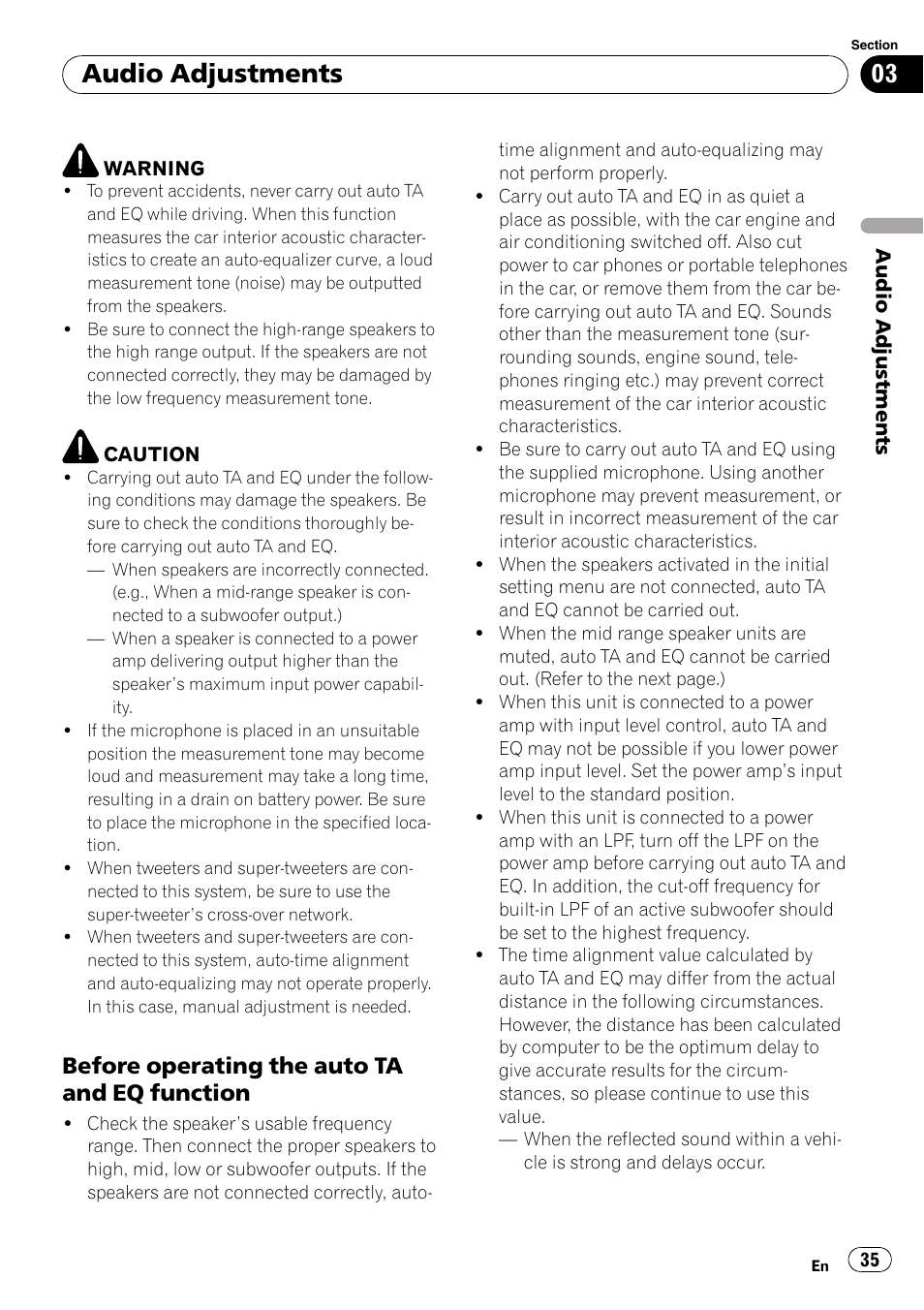 Before operating the auto ta and eq, Function, Audio adjustments | Before operating the auto ta and eq function | Pioneer DEX-P99RS User Manual | Page 35 / 75