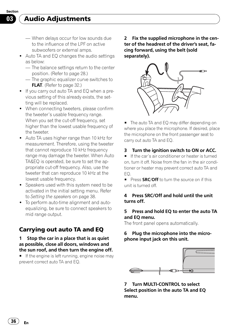 Carrying out auto ta and eq 36, Audio adjustments, Carrying out auto ta and eq | Pioneer DEX-P99RS User Manual | Page 36 / 75