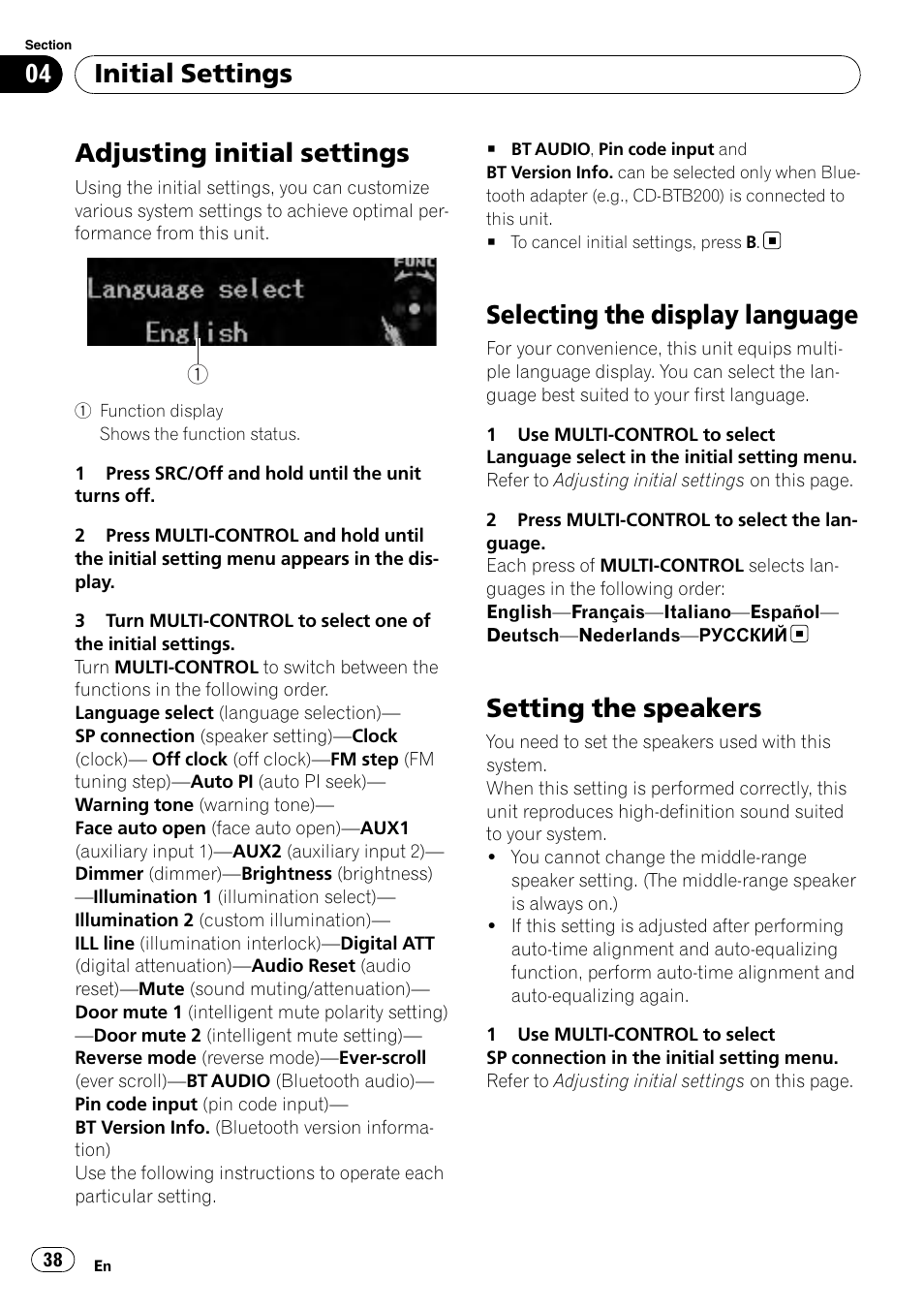 Initial settings adjusting initial settings, Selecting the display language, Setting the speakers | Adjusting initial settings, Initial settings | Pioneer DEX-P99RS User Manual | Page 38 / 75