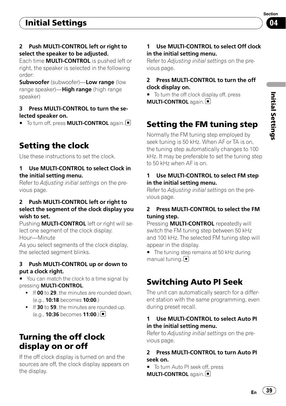 Setting the clock, Turning the off clock display on or off, Setting the fm tuning step | Switching auto pi seek, Initial settings | Pioneer DEX-P99RS User Manual | Page 39 / 75