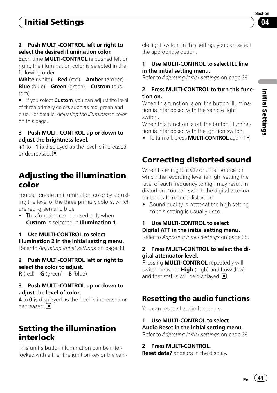 Adjusting the illumination color, Setting the illumination interlock, Correcting distorted sound | Resetting the audio functions, Initial settings | Pioneer DEX-P99RS User Manual | Page 41 / 75