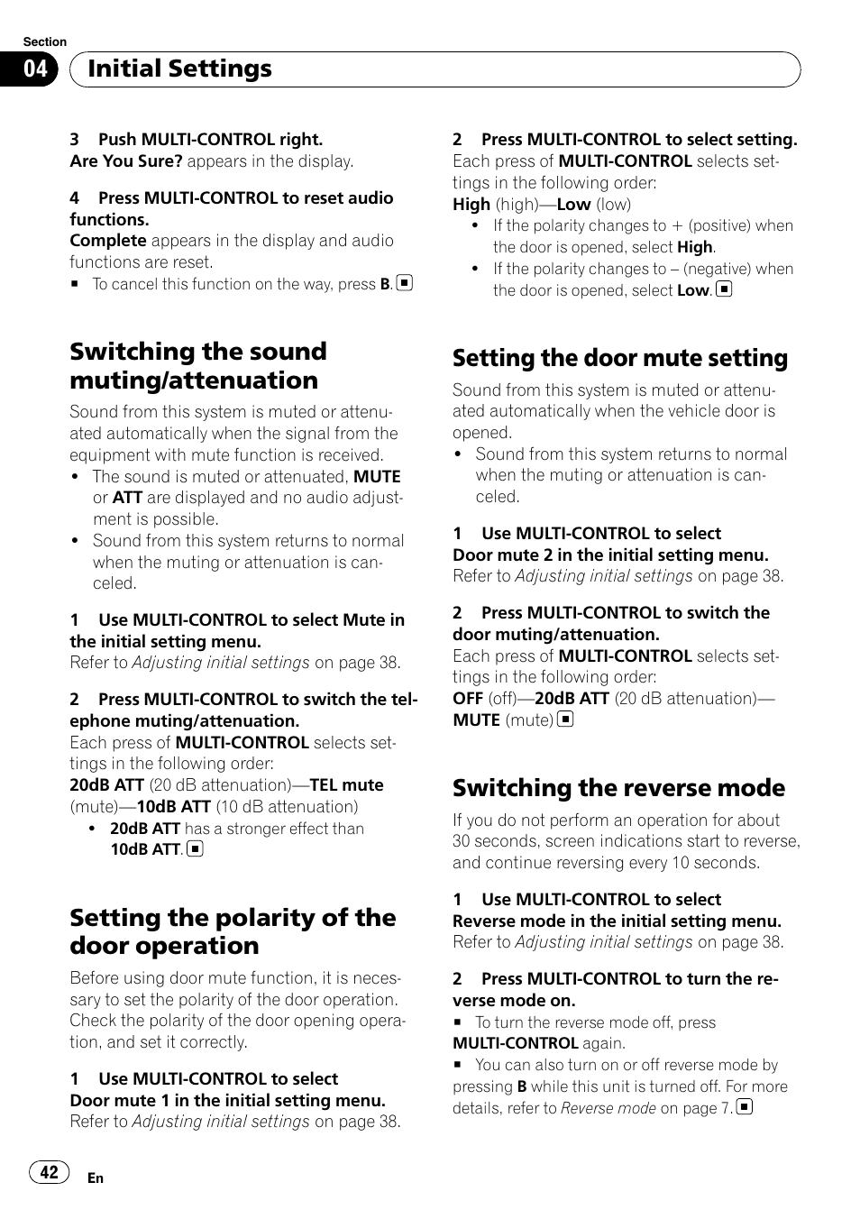 Switching the sound muting/attenuation, Setting the polarity of the door operation, Setting the door mute setting | Switching the reverse mode, Initial settings | Pioneer DEX-P99RS User Manual | Page 42 / 75