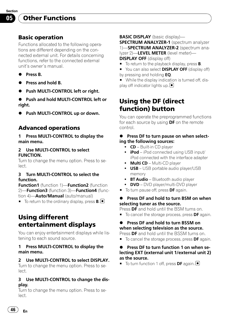 Basic operation 46, Advanced operations 46, Using different entertainment displays | Using the df (direct function) button, Other functions, Basic operation, Advanced operations | Pioneer DEX-P99RS User Manual | Page 46 / 75
