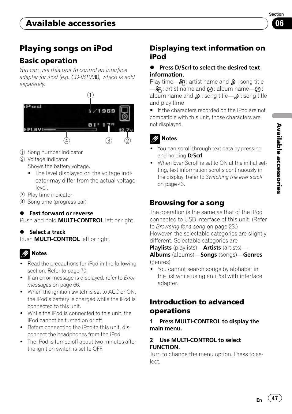 Available accessories playing songs on ipod, Basic operation 47, Displaying text information on | Ipod, Browsing for a song 47, Introduction to advanced, Operations, Playing songs on ipod, Available accessories, Basic operation | Pioneer DEX-P99RS User Manual | Page 47 / 75