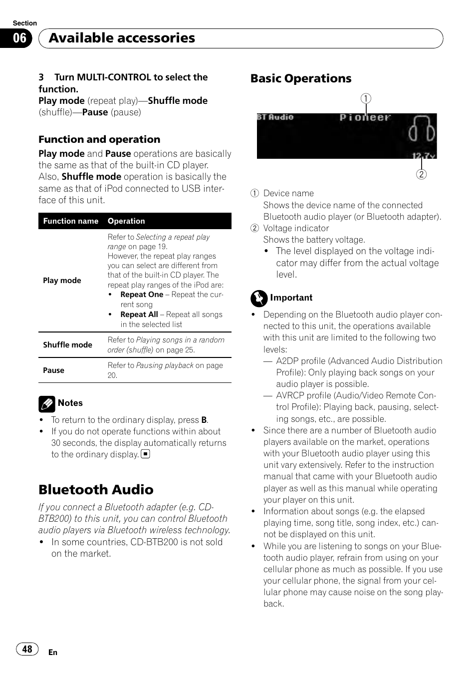 Bluetooth audio, Basic operations 48, Available accessories | Basic operations | Pioneer DEX-P99RS User Manual | Page 48 / 75