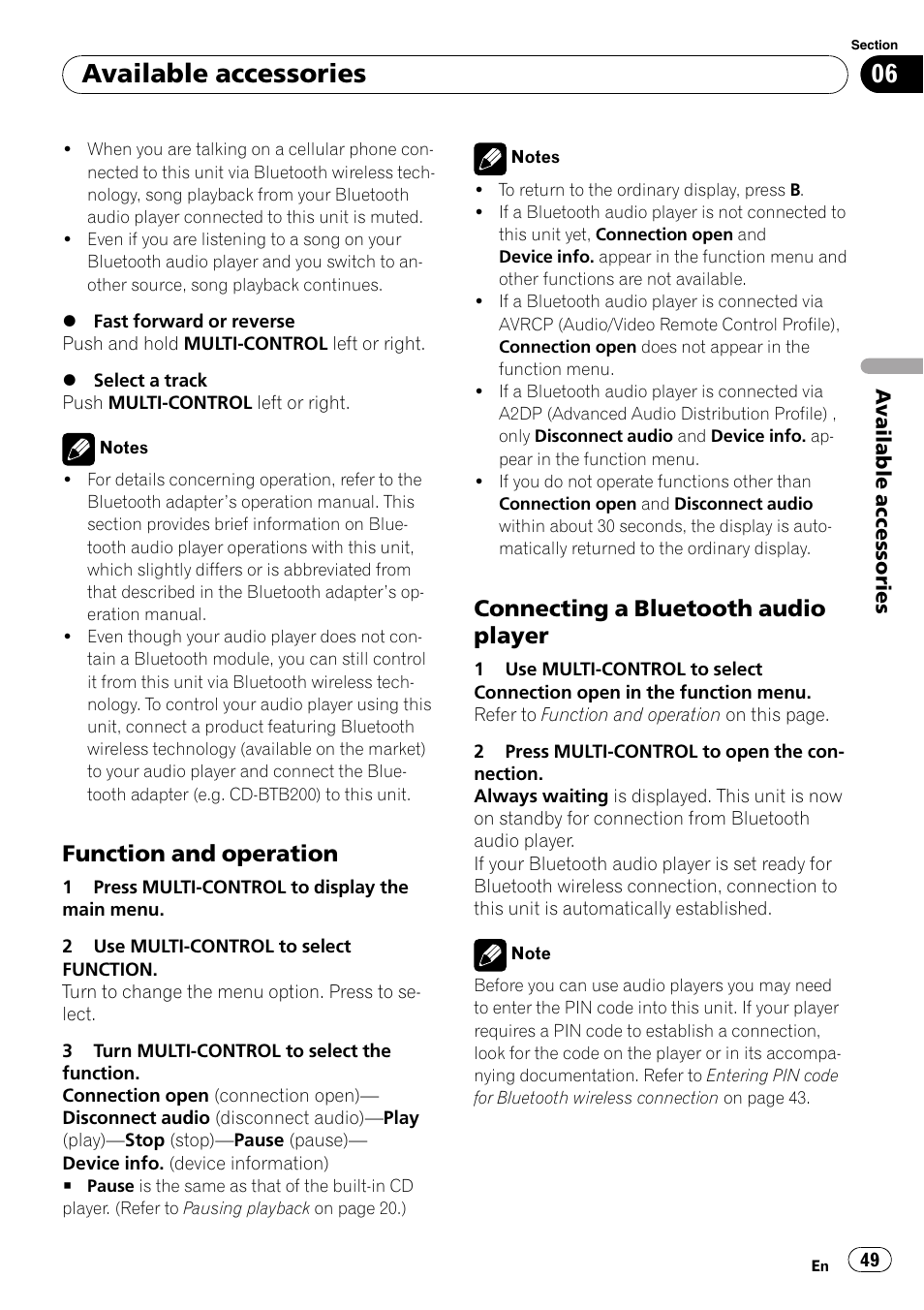 Function and operation 49, Connecting a bluetooth audio, Player | Available accessories, Function and operation, Connecting a bluetooth audio player | Pioneer DEX-P99RS User Manual | Page 49 / 75