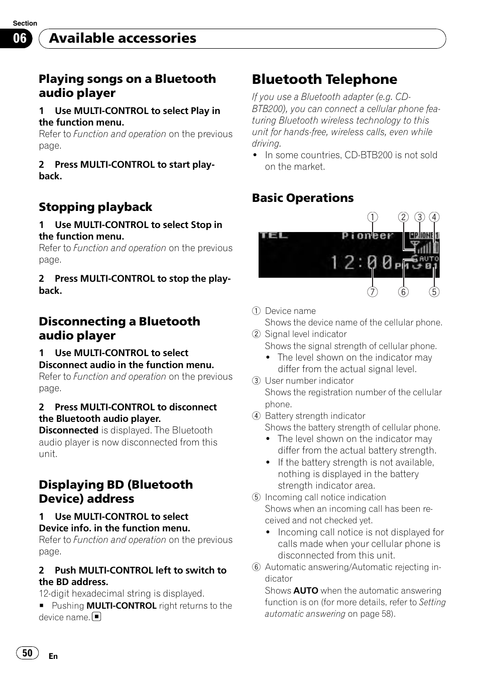 Playing songs on a bluetooth audio, Player, Stopping playback 50 | Disconnecting a bluetooth audio, Displaying bd (bluetooth device), Address, Bluetooth telephone, Basic operations 50, Available accessories, Playing songs on a bluetooth audio player | Pioneer DEX-P99RS User Manual | Page 50 / 75