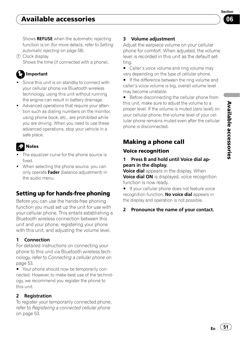 Setting up for hands-free phoning 51, Making a phone call 51, Available accessories | Setting up for hands-free phoning, Making a phone call | Pioneer DEX-P99RS User Manual | Page 51 / 75