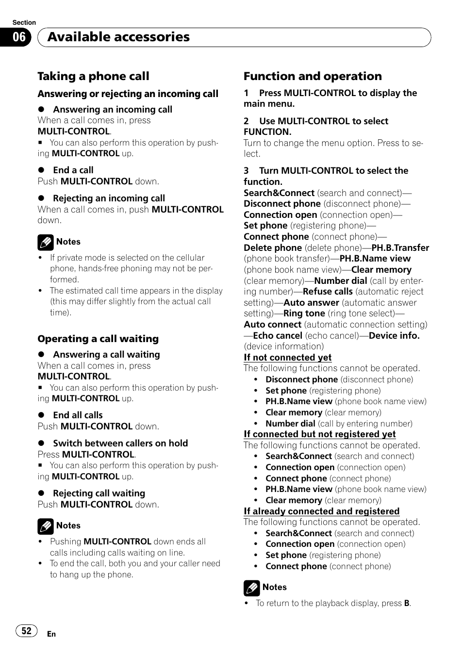 Taking a phone call 52, Function and operation 52, Available accessories | Taking a phone call, Function and operation | Pioneer DEX-P99RS User Manual | Page 52 / 75