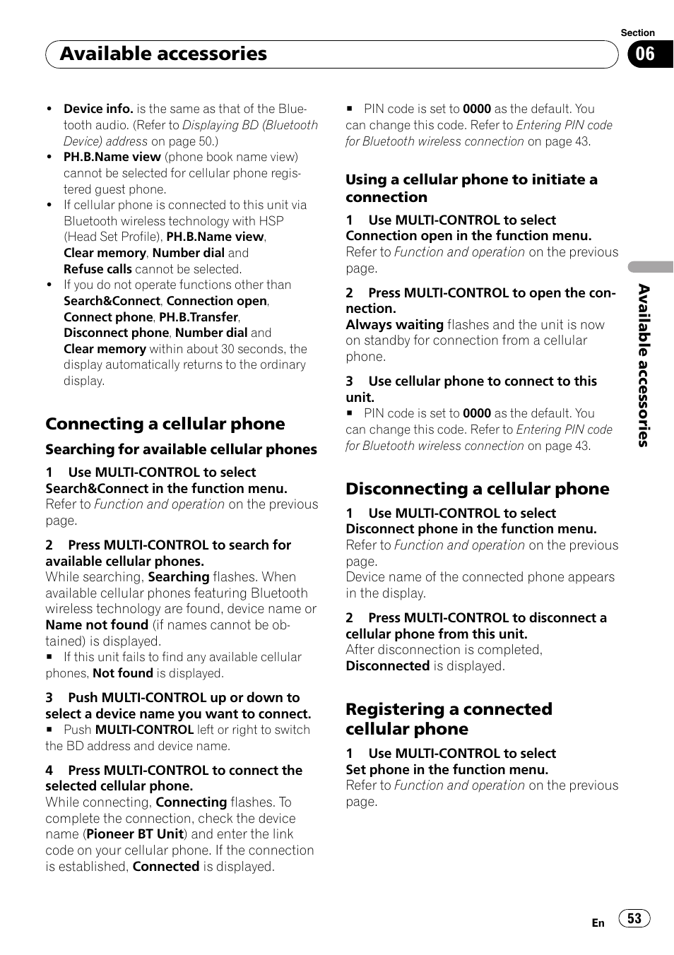 Connecting a cellular phone 53, Disconnecting a cellular phone 53, Registering a connected cellular | Phone, Available accessories, Connecting a cellular phone, Disconnecting a cellular phone, Registering a connected cellular phone | Pioneer DEX-P99RS User Manual | Page 53 / 75