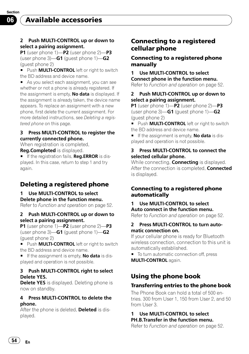 Deleting a registered phone 54, Connecting to a registered cellular, Phone | Using the phone book 54, Available accessories, Deleting a registered phone, Connecting to a registered cellular phone, Using the phone book | Pioneer DEX-P99RS User Manual | Page 54 / 75