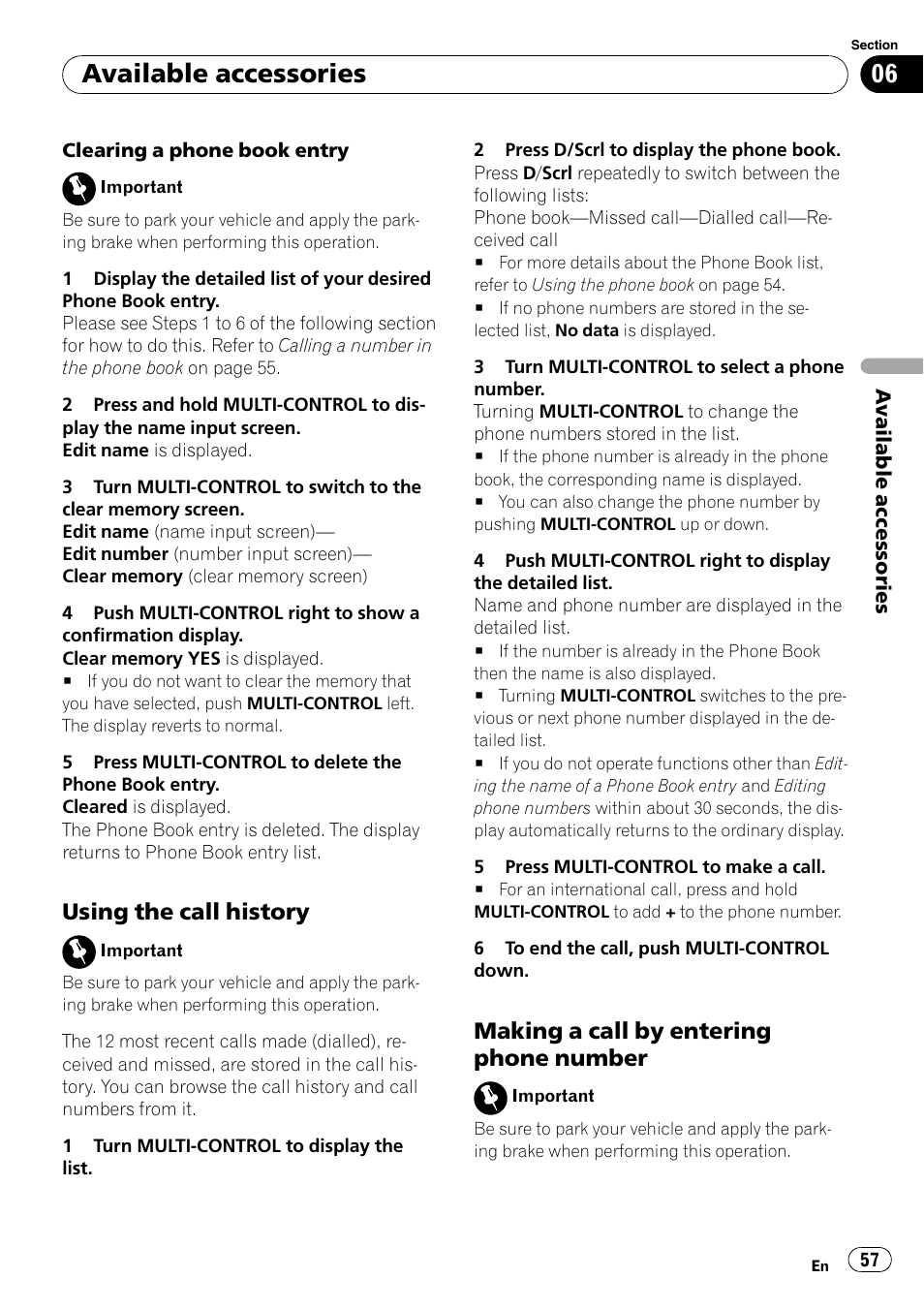 Using the call history 57, Making a call by entering phone, Number | Available accessories, Using the call history, Making a call by entering phone number | Pioneer DEX-P99RS User Manual | Page 57 / 75