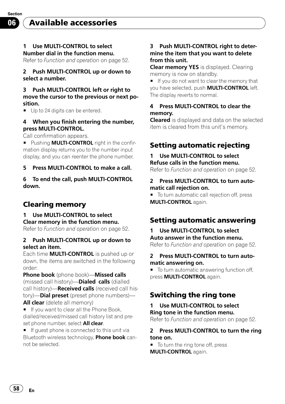 Clearing memory 58, Setting automatic rejecting 58, Setting automatic answering 58 | Switching the ring tone 58, Available accessories, Setting automatic rejecting, Setting automatic answering, Switching the ring tone | Pioneer DEX-P99RS User Manual | Page 58 / 75