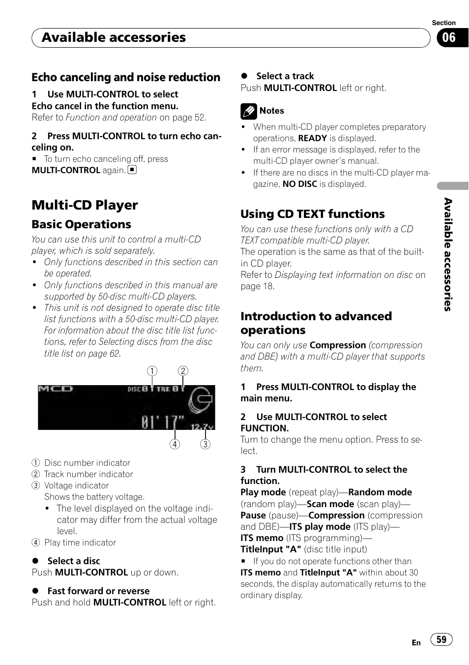 Echo canceling and noise, Reduction, Multi-cd player | Basic operations 59, Using cd text functions 59, Introduction to advanced, Operations, Available accessories, Echo canceling and noise reduction, Basic operations | Pioneer DEX-P99RS User Manual | Page 59 / 75