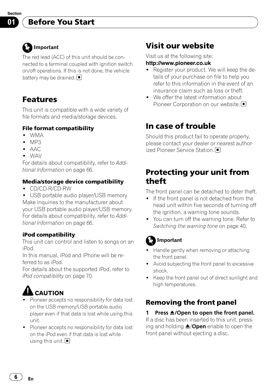 Features, Visit our website, In case of trouble | Protecting your unit from theft, Removing the front panel 6, Before you start | Pioneer DEX-P99RS User Manual | Page 6 / 75
