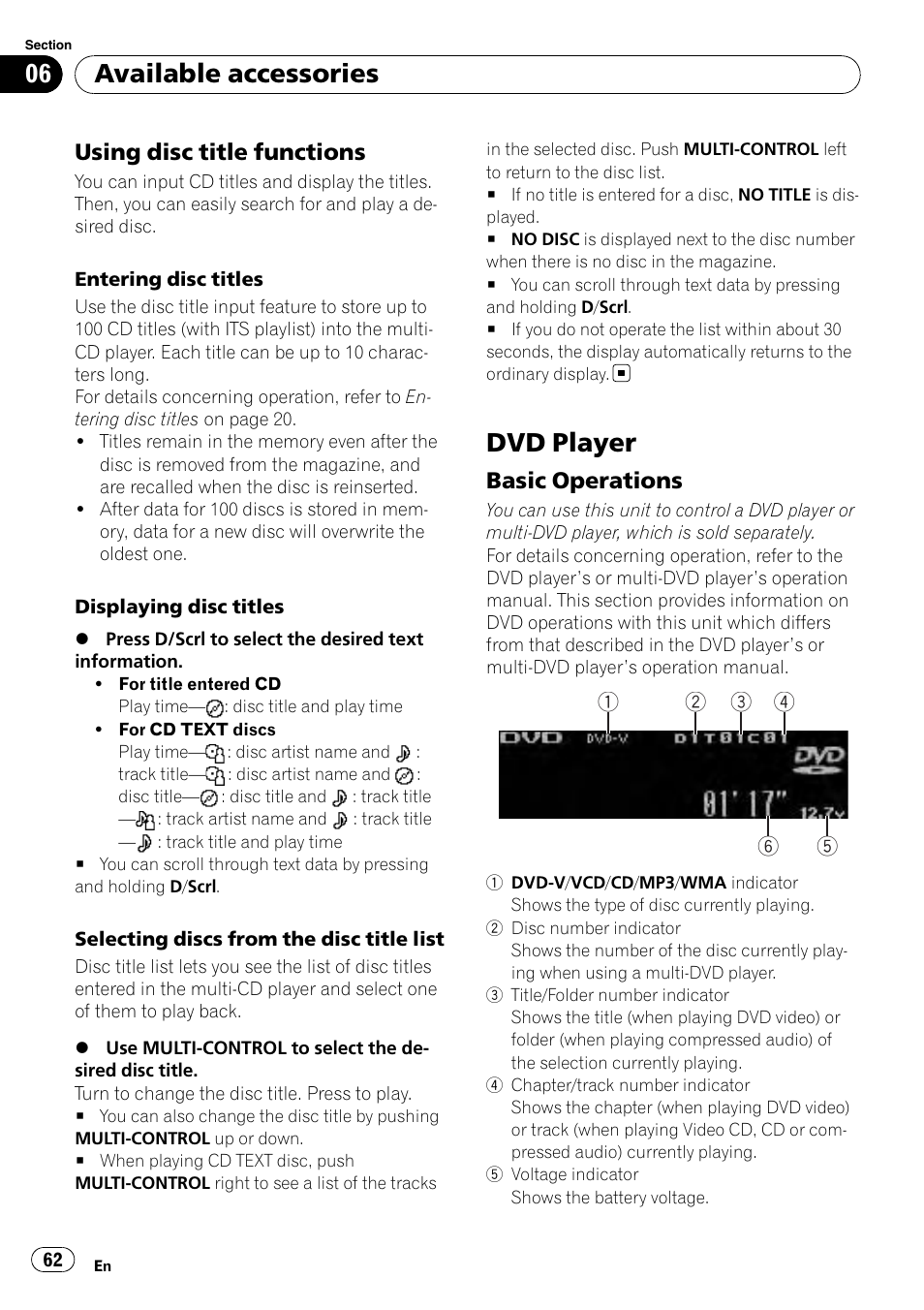 Using disc title functions 62, Dvd player, Basic operations 62 | Available accessories, Using disc title functions, Basic operations | Pioneer DEX-P99RS User Manual | Page 62 / 75