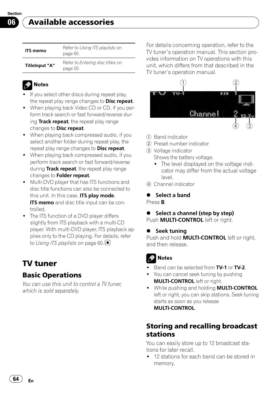 Tv tuner, Basic operations 64, Storing and recalling broadcast | Stations, Available accessories, Basic operations, Storing and recalling broadcast stations | Pioneer DEX-P99RS User Manual | Page 64 / 75