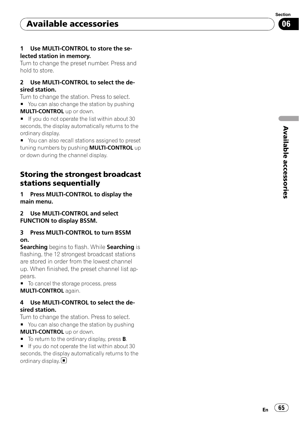 Storing the strongest broadcast, Stations sequentially, Available accessories | Pioneer DEX-P99RS User Manual | Page 65 / 75