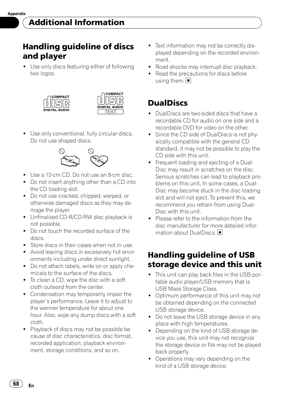Handling guideline of discs and player, Dualdiscs, Handling guideline of usb storage device | And this unit, Additional information | Pioneer DEX-P99RS User Manual | Page 68 / 75