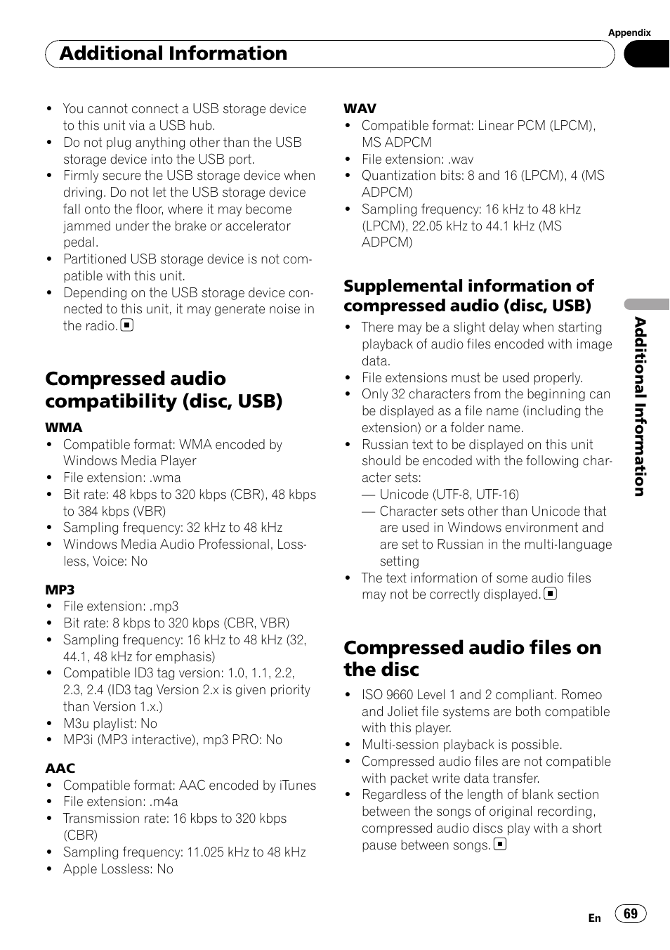 Compressed audio compatibility (disc, Usb), Supplemental information of | Compressed audio (disc, usb), Compressed audio files on the disc, Compressed audio compatibility (disc, usb), Additional information | Pioneer DEX-P99RS User Manual | Page 69 / 75