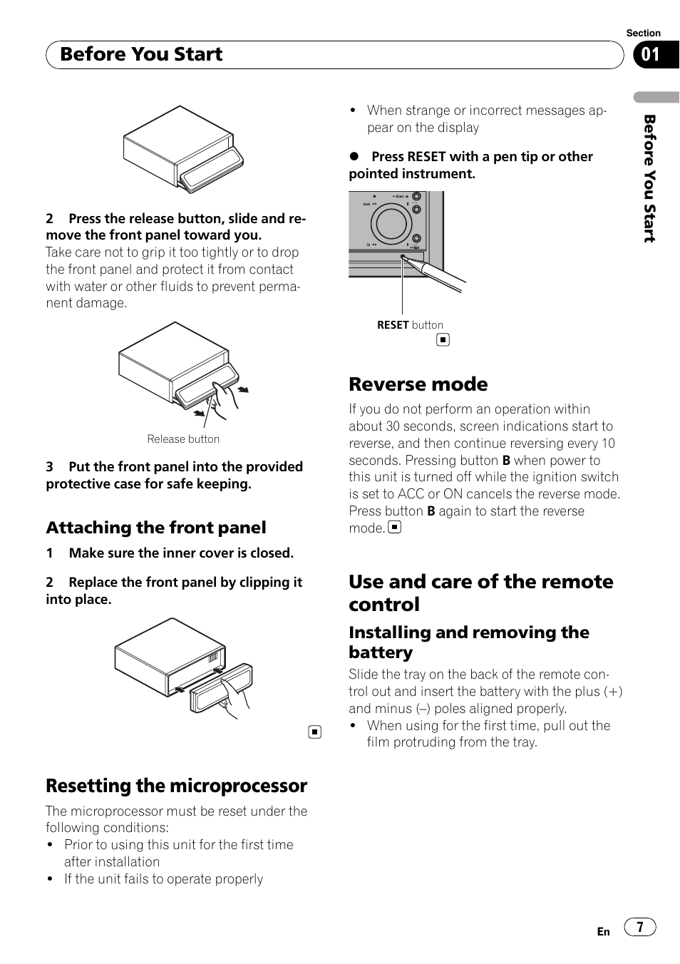 Attaching the front panel 7, Resetting the microprocessor, Reverse mode | Use and care of the remote control, Installing and removing the battery 7, Before you start | Pioneer DEX-P99RS User Manual | Page 7 / 75