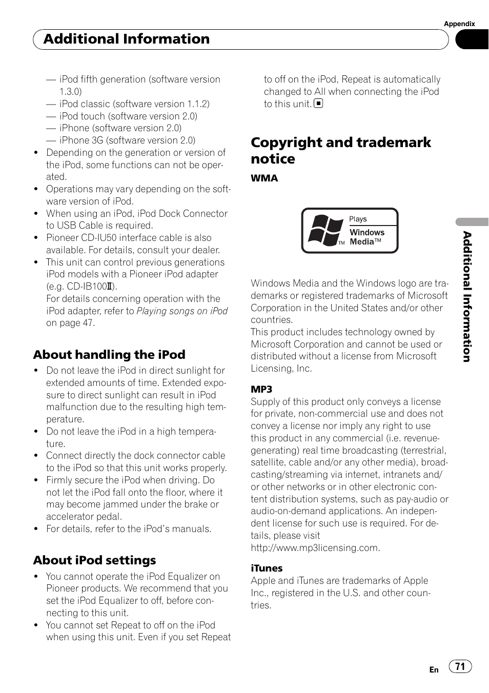 About handling the ipod 71, About ipod settings 71, Copyright and trademark notice | Additional information, About handling the ipod, About ipod settings | Pioneer DEX-P99RS User Manual | Page 71 / 75