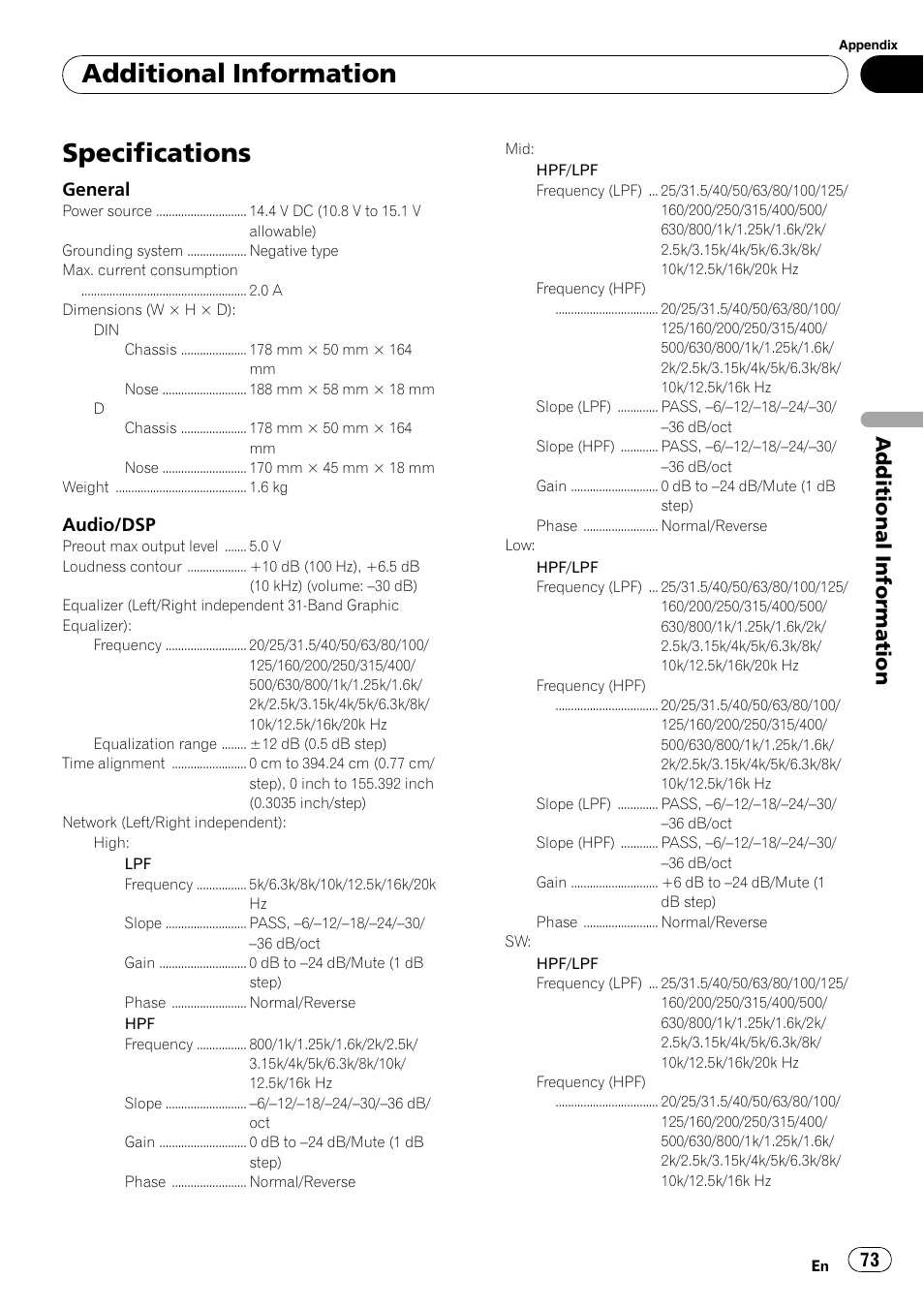 Specifications, Additional information, General | Audio/dsp | Pioneer DEX-P99RS User Manual | Page 73 / 75