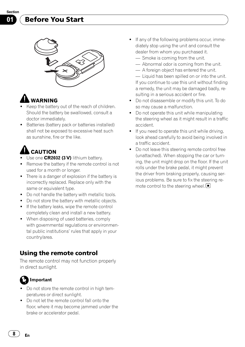 Using the remote control 8, Before you start, Using the remote control | Pioneer DEX-P99RS User Manual | Page 8 / 75