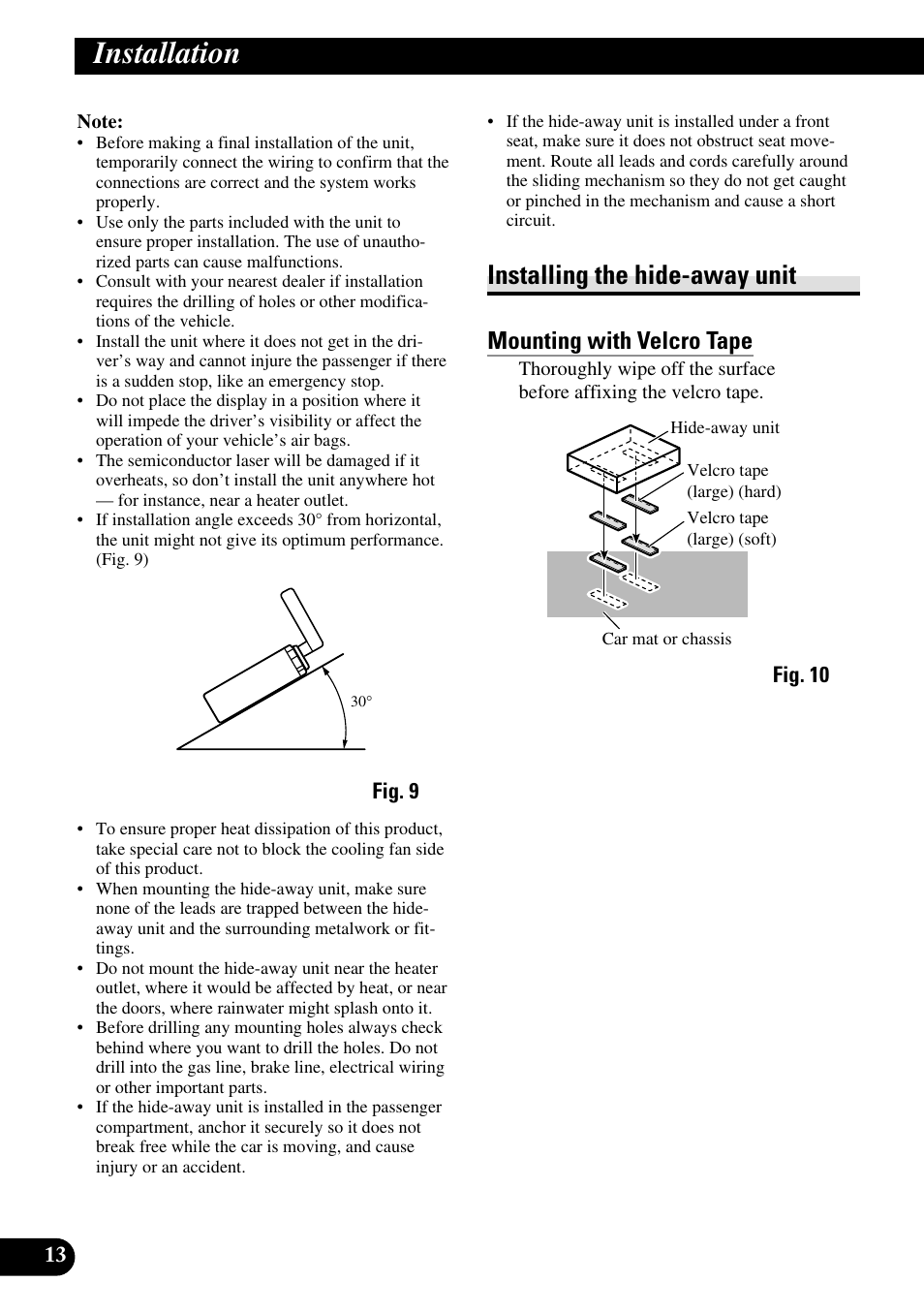 Installation, Installing the hide-away unit, Mounting with velcro tape | Pioneer AVH-P7500DVDII User Manual | Page 14 / 98