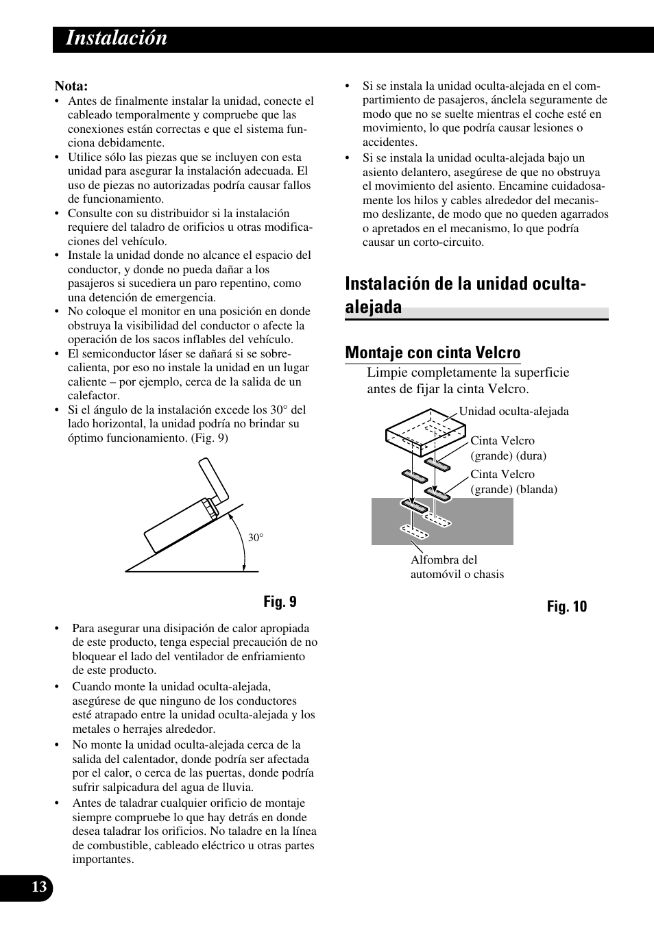 Instalación, Instalación de la unidad oculta-alejada, Instalación de la unidad oculta- alejada | Montaje con cinta velcro | Pioneer AVH-P7500DVDII User Manual | Page 30 / 98