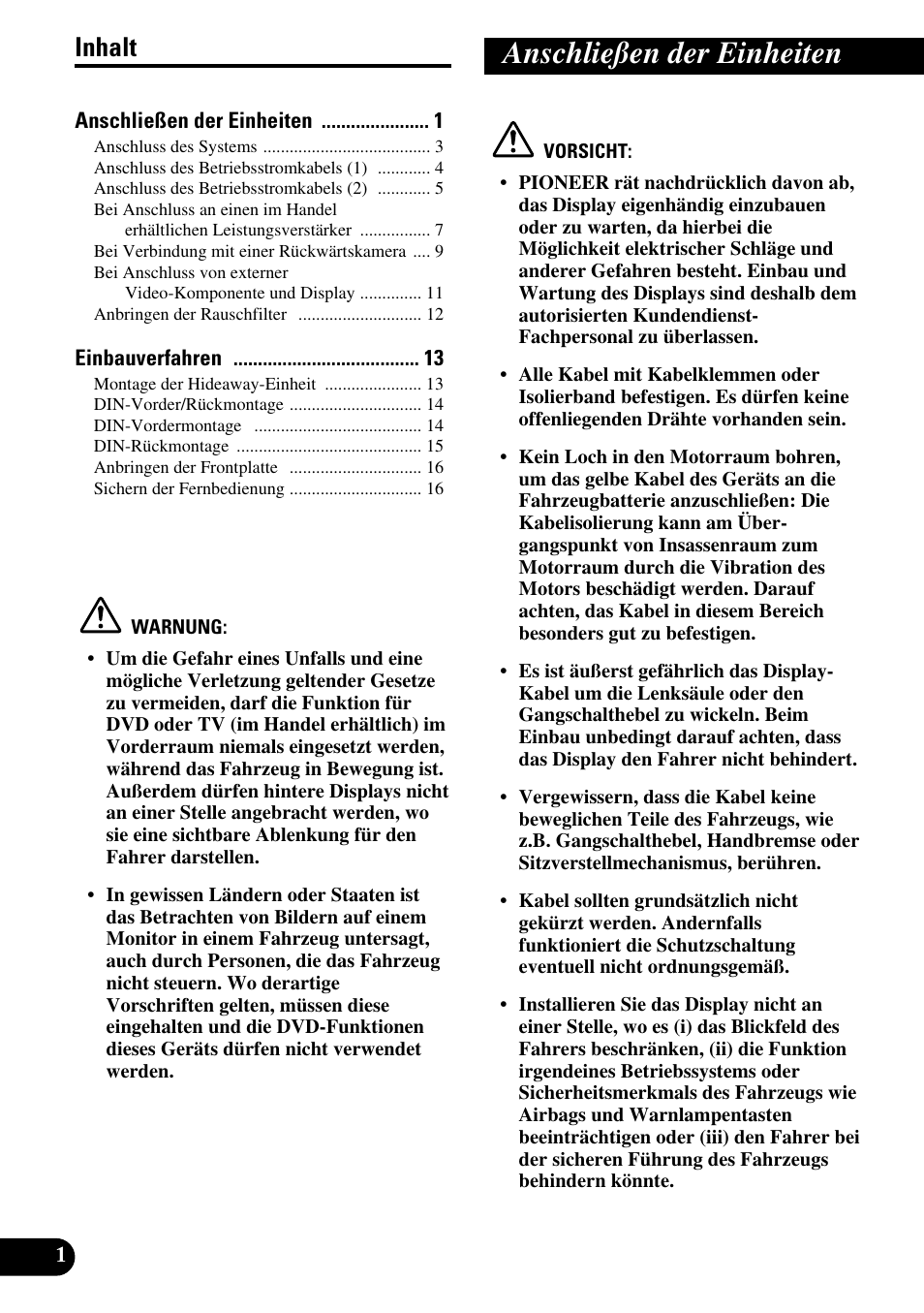 Anschließen der einheiten, Inhalt | Pioneer AVH-P7500DVDII User Manual | Page 34 / 98