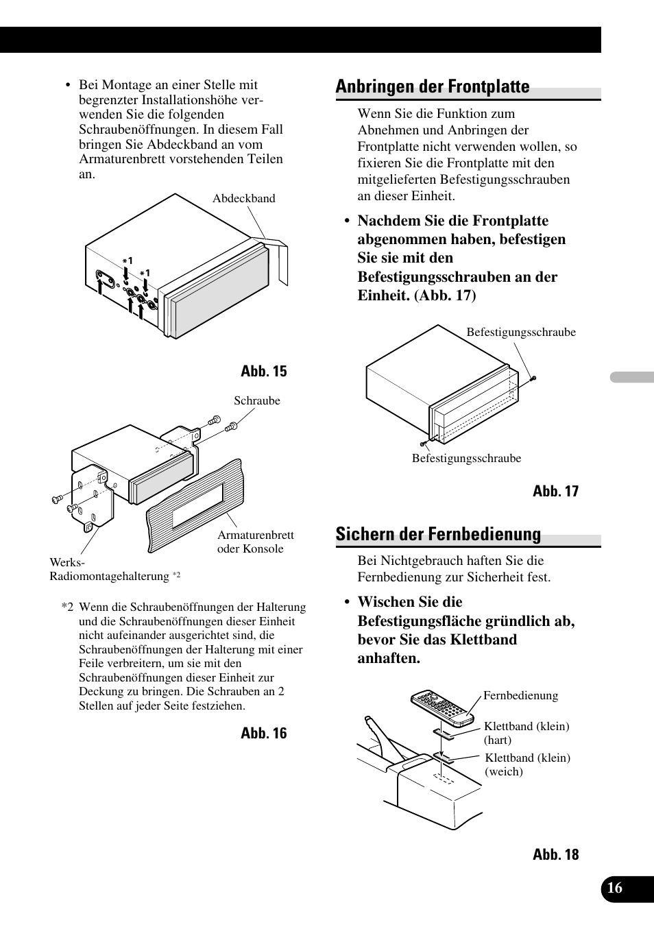 Anbringen der frontplatte, Sichern der fernbedienung | Pioneer AVH-P7500DVDII User Manual | Page 49 / 98