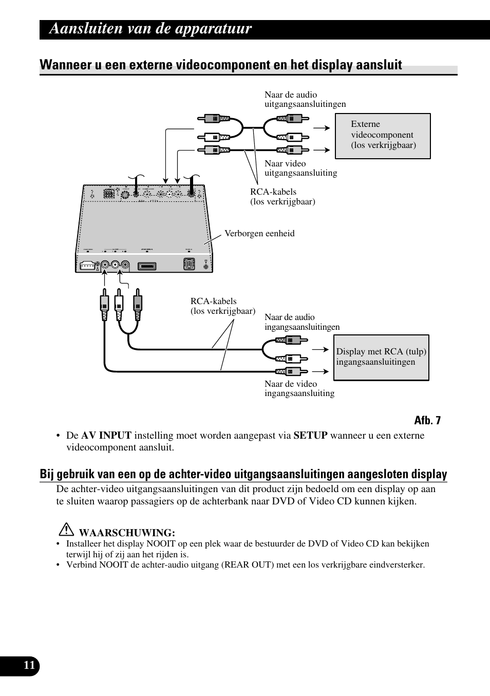 Wanneer u een externe videocomponent en, Het display aansluit, Aansluiten van de apparatuur | Pioneer AVH-P7500DVDII User Manual | Page 92 / 98