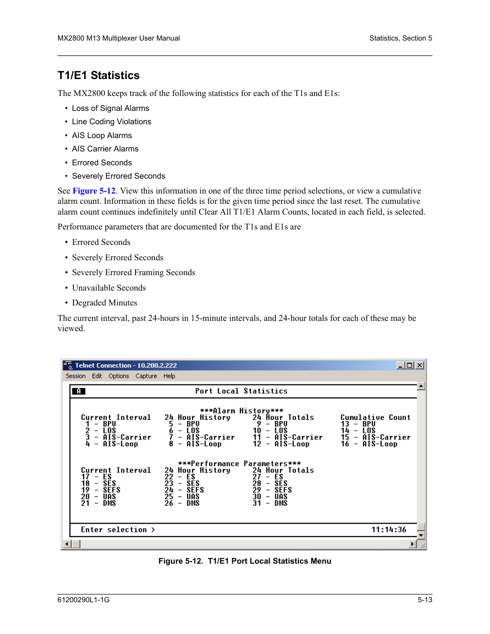 T1/e1 statistics, T1/e1 statistics -13, Figure 5-12.t1/e1 port local statistics menu -13 | ADTRAN MX2800 M13 User Manual | Page 103 / 200