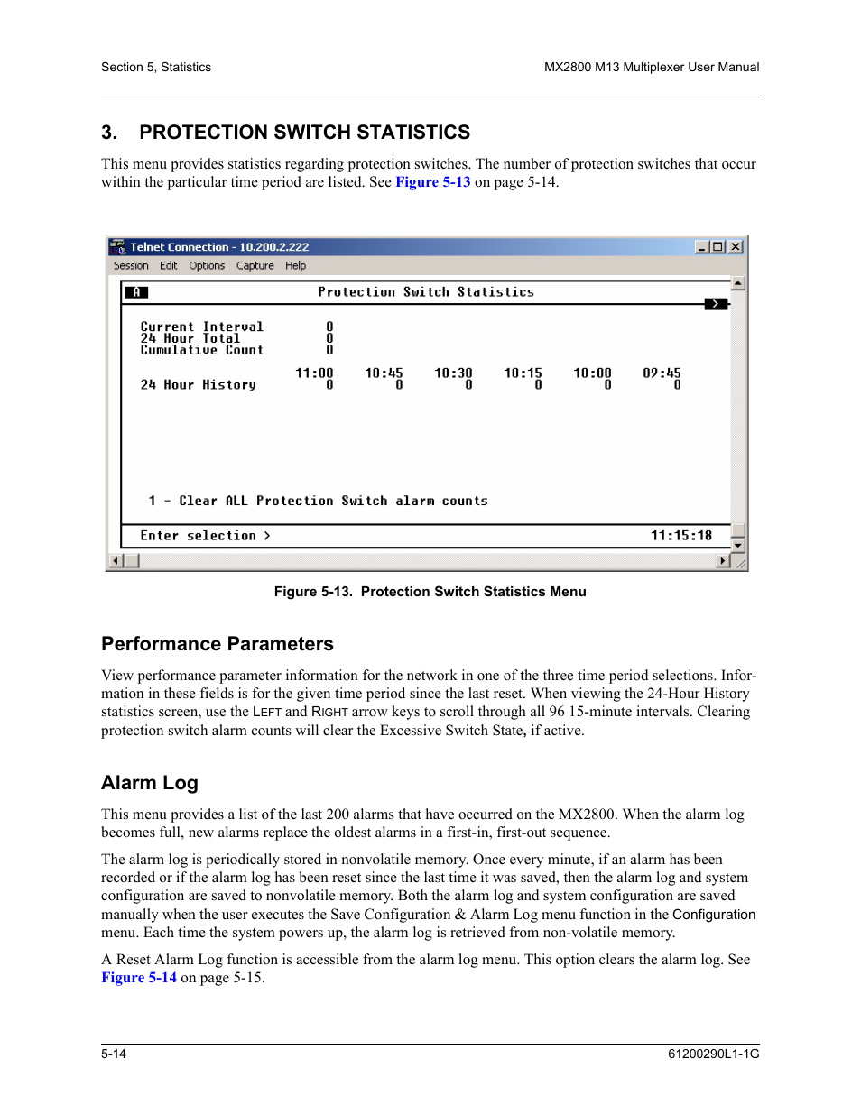 Protection switch statistics, Performance parameters, Alarm log | Protection switch statistics -14, Performance parameters -14 alarm log -14, Figure 5-13.protection switch statistics menu -14, Figure 5-13 | ADTRAN MX2800 M13 User Manual | Page 104 / 200