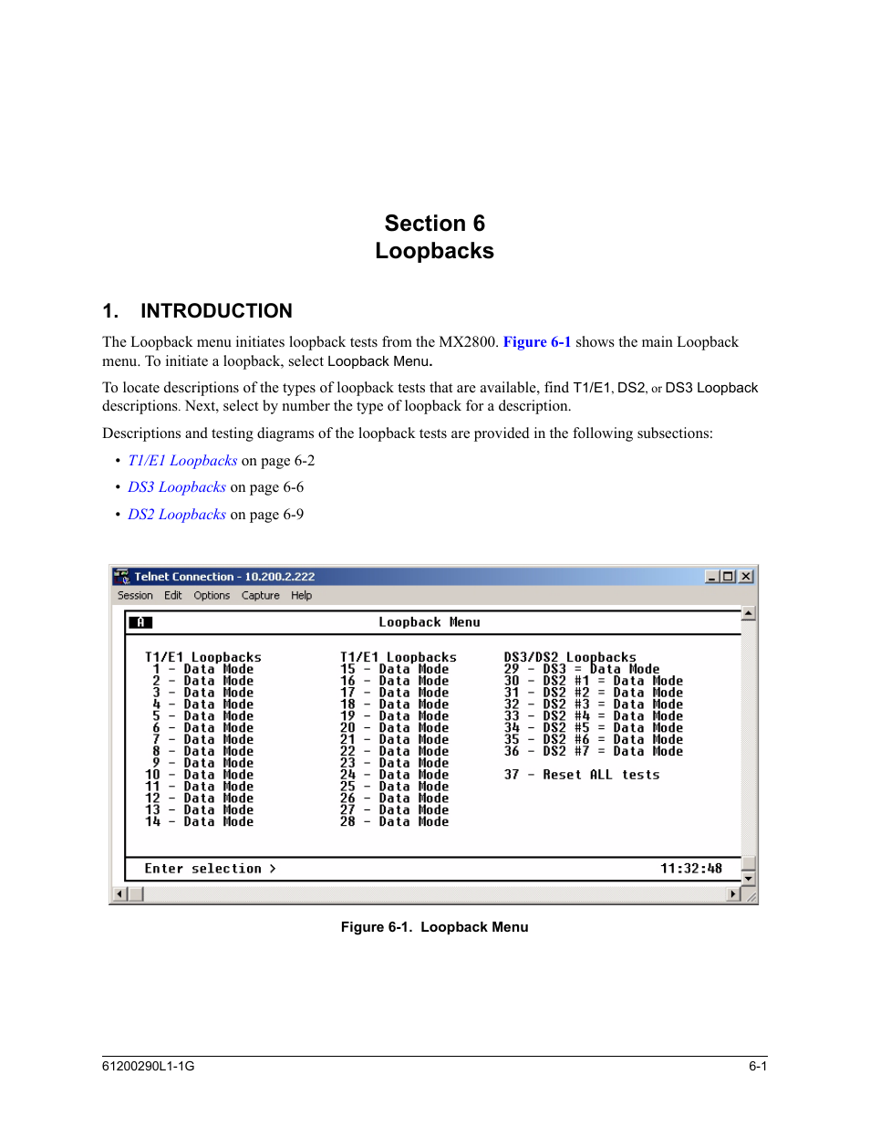 Section 6, loopbacks, Introduction, Section 6 loopbacks -1 | Introduction -1, Figure 6-1. loopback menu -1, Refer to | ADTRAN MX2800 M13 User Manual | Page 107 / 200