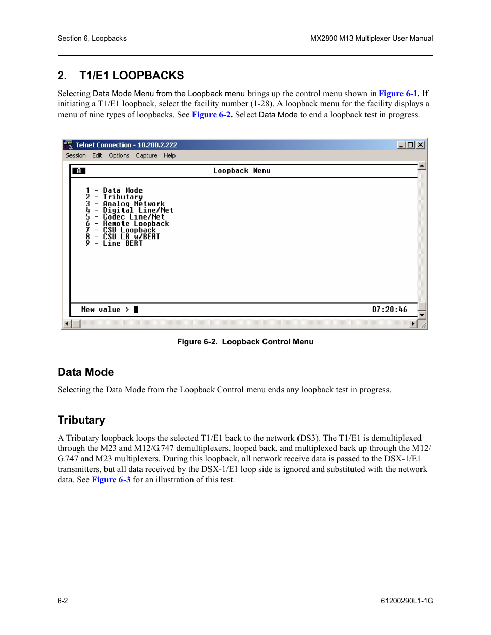 T1/e1 loopbacks, Data mode, Tributary | T1/e1 loopbacks -2, Data mode -2 tributary -2, Figure 6-2. loopback control menu -2 | ADTRAN MX2800 M13 User Manual | Page 108 / 200