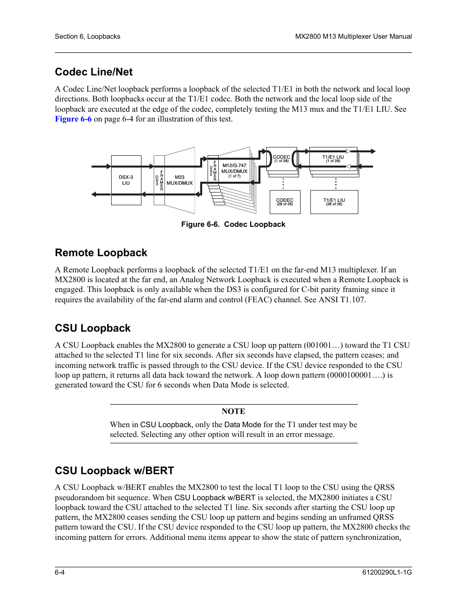 Codec line/net, Remote loopback, Csu loopback | Csu loopback w/bert, Figure 6-6. codec loopback -4, Only the, Figure 6-6. codec loopback, Data mode | ADTRAN MX2800 M13 User Manual | Page 110 / 200