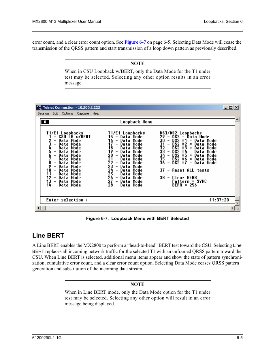 Line bert, Line bert -5, Figure 6-7. loopback menu with bert selected -5 | ADTRAN MX2800 M13 User Manual | Page 111 / 200