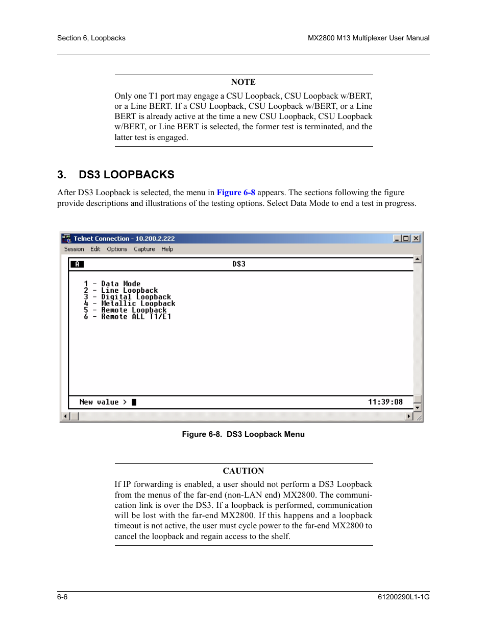 Ds3 loopbacks, Ds3 loopbacks -6, Figure 6-8. ds3 loopback menu -6 | ADTRAN MX2800 M13 User Manual | Page 112 / 200