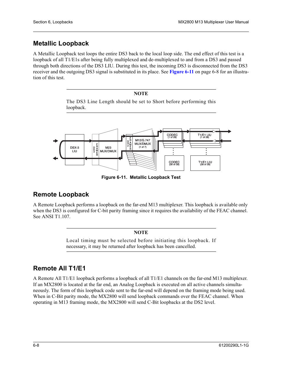 Metallic loopback, Remote loopback, Remote all t1/e1 | Figure 6-11.metallic loopback test -8, Figure 6-11. metallic loopback test | ADTRAN MX2800 M13 User Manual | Page 114 / 200