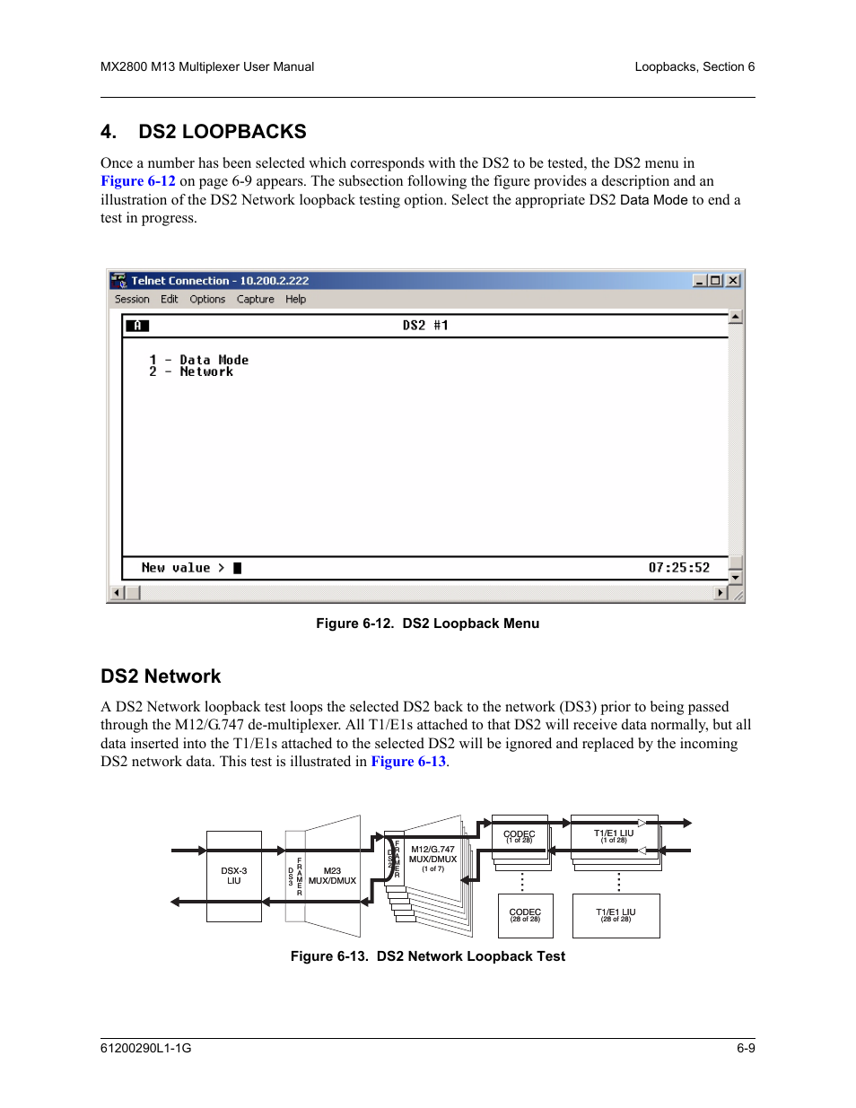 Ds2 loopbacks, Ds2 network, Ds2 loopbacks -9 | Ds2 network -9, Data mode, Figure 6-12. ds2 loopback menu, Figure 6-13. ds2 network loopback test | ADTRAN MX2800 M13 User Manual | Page 115 / 200