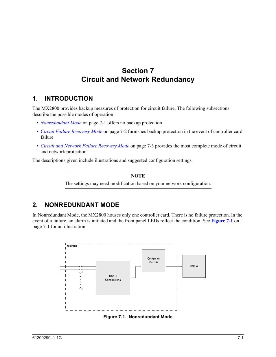 Section 7, circuit and network redundancy, Introduction, Nonredundant mode | Section 7 circuit and network redundancy -1, Introduction -1, Nonredundant mode -1, Figure 7-1. nonredundant mode -1, Section 7, Circuit and network redundancy | ADTRAN MX2800 M13 User Manual | Page 117 / 200