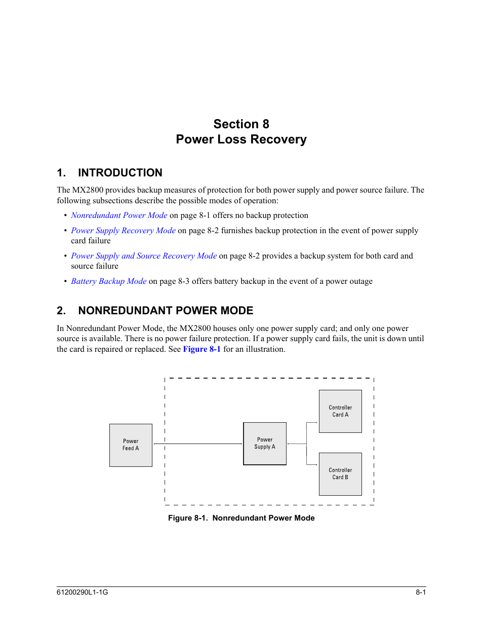 Section 8, power loss recovery, Introduction, Nonredundant power mode | Section 8 power loss recovery -1, Introduction -1, Nonredundant power mode -1, Figure 8-1. nonredundant power mode -1, Fer to, Section 8, Power loss recovery | ADTRAN MX2800 M13 User Manual | Page 121 / 200