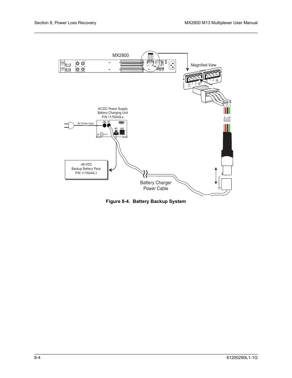 Figure 8-4. battery backup system -4, Figure 8-4. battery backup system, Mx2800 battery charger power cable | Use copper conduct ors only, Magnified view | ADTRAN MX2800 M13 User Manual | Page 124 / 200