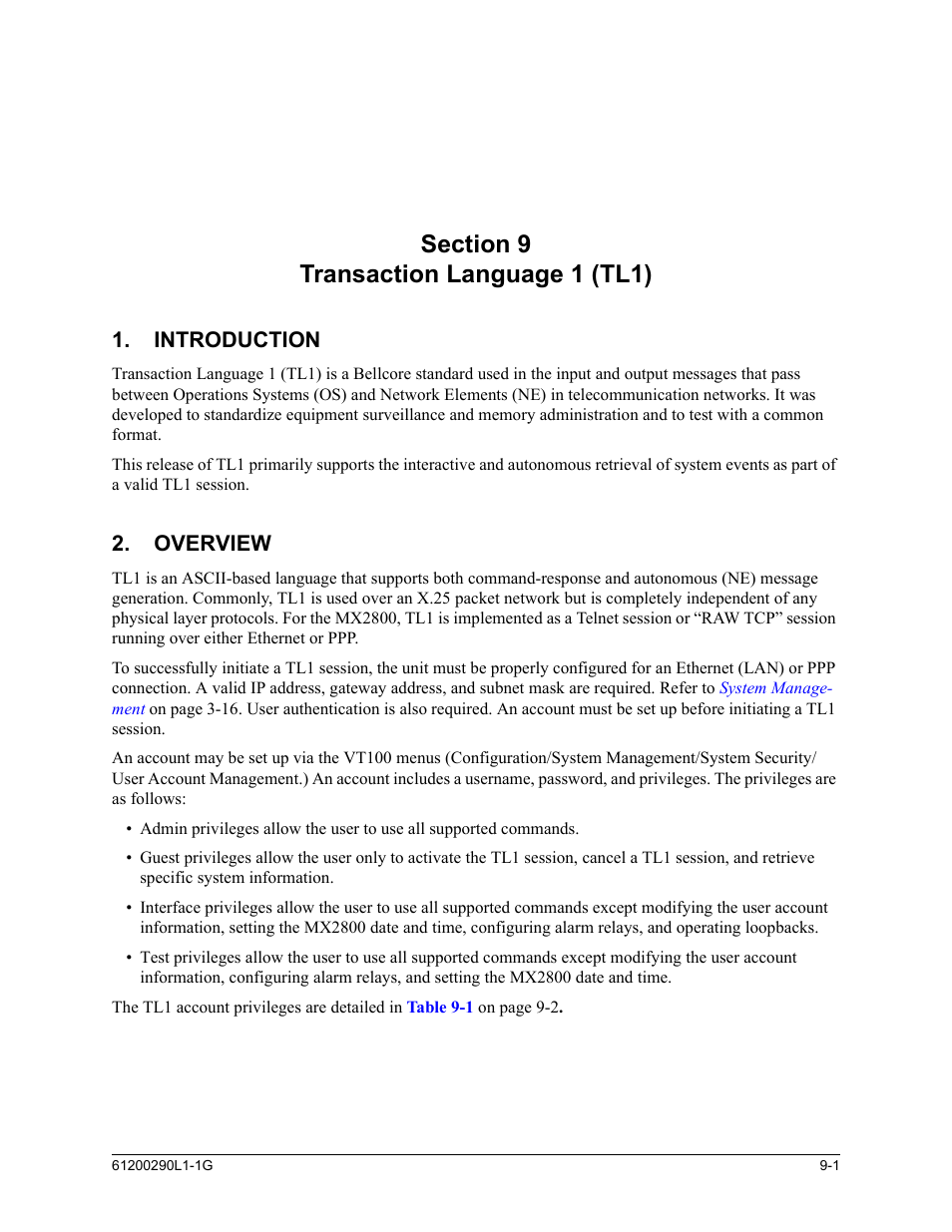 Section 9, transaction language 1 (tl1), Introduction, Overview | Section 9 transaction language 1 (tl1) -1, Introduction -1, Overview -1 | ADTRAN MX2800 M13 User Manual | Page 125 / 200