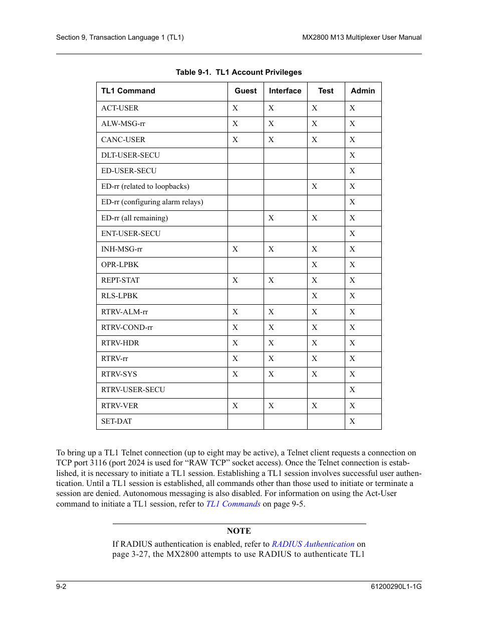 Table 9-1. tl1 account privileges -2, Table 9-1 | ADTRAN MX2800 M13 User Manual | Page 126 / 200