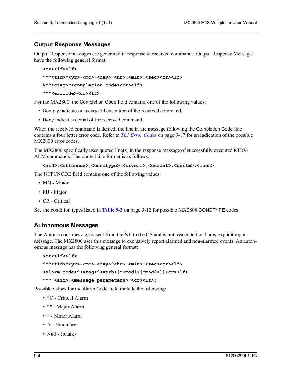 Output response messages, Autonomous messages, Output response messages -4 autonomous messages -4 | ADTRAN MX2800 M13 User Manual | Page 128 / 200